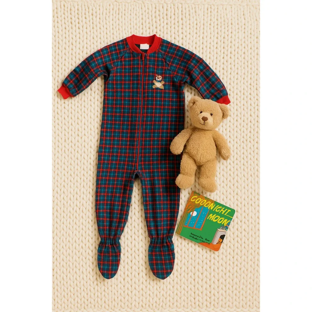 🧸 Vintage Carter’s 90s Fleece Pajamas – 4T Plaid Footed Sleepwear w/ Teddy Bear
